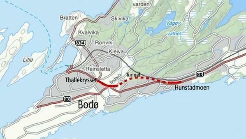 Ny tunnel markert med stiplet linje mellom Hunstadmoen og Bodøelv.
