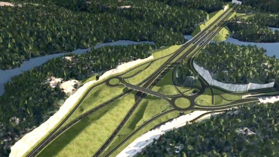 Ved Grauthelleren vest for Kristiansand sentrum starter byggingen av ny trafikksikker firefelts E39 vestover. Illustrasjonen viser blant annet toplankryss som skal etableres der.