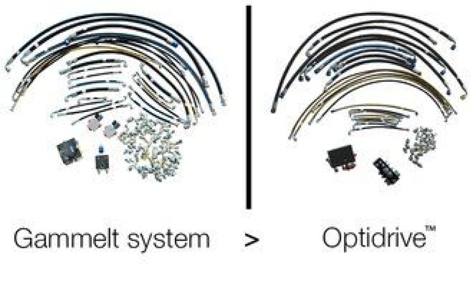 Forskjellen i antall deler på gammelt hydraulikk-system og Optidrive fra Avant Tecno Oy.