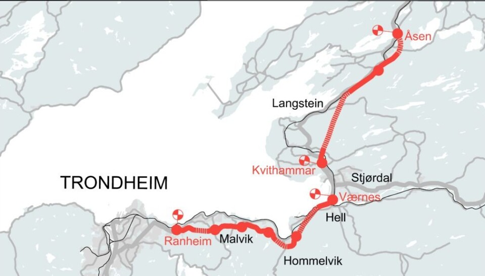 Det er ikke mulig å bygge tunnel der det opprinnelig var tenkt ved Åsen i Nord-Trøndelag (se illustrasjonen).