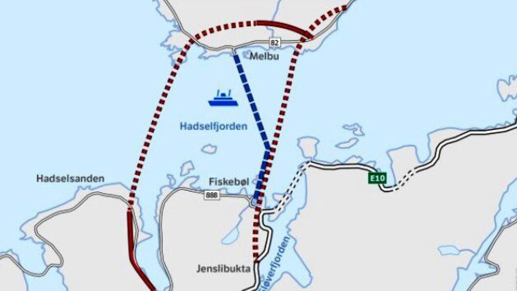 Statens vegvesen vurderer to alternative tunneler under Hadselfjorden. Statens vegvesen vurderer to alternative tunneler under Hadselfjorden.