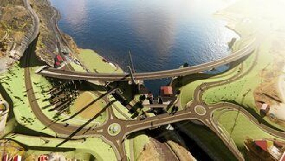 Illustrasjonen viser den nye situasjonen på Farriseidet i 2021. Vi ser av- og påkjøringene til/fra Larvik, nordover og sydover. Trafikken nordfra kjører av til Larvik rett før Farrisbrua, til høyre i bildet. Nordover er påkjøringen omtrent på samme sted som i dag. Trafikken sydover/sydfra skal bruke gammel E18 til/fra Sky-krysset, som på- og avkjøring. Veien skal legges over portalen inn mot Martineåstunnelen. Midt i bildet ses den nye firefelts brua, med rundkjøringer på hver side. Nærmere Farrisbrua bygges en mindre bru for tilkomstveien til Bøkeskogen og Farriskilen. Bredden ved området under Farrisbrua skal bearbeides med vannspeil og nye odder.