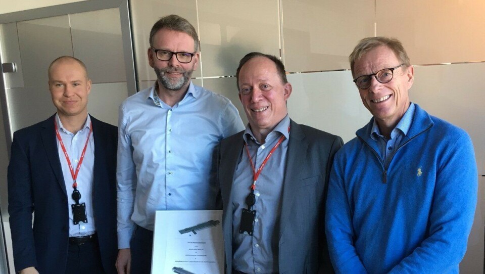 På bildet (f.v.): Senior prosjektleder Henning Aarnes i Posten, distriktsleder Aage Tengs i Veidekke, eiendomsdirektør Edvard Nervik i Posten og prosjektleder Egil I. Høeg i Norske Stålbygg.