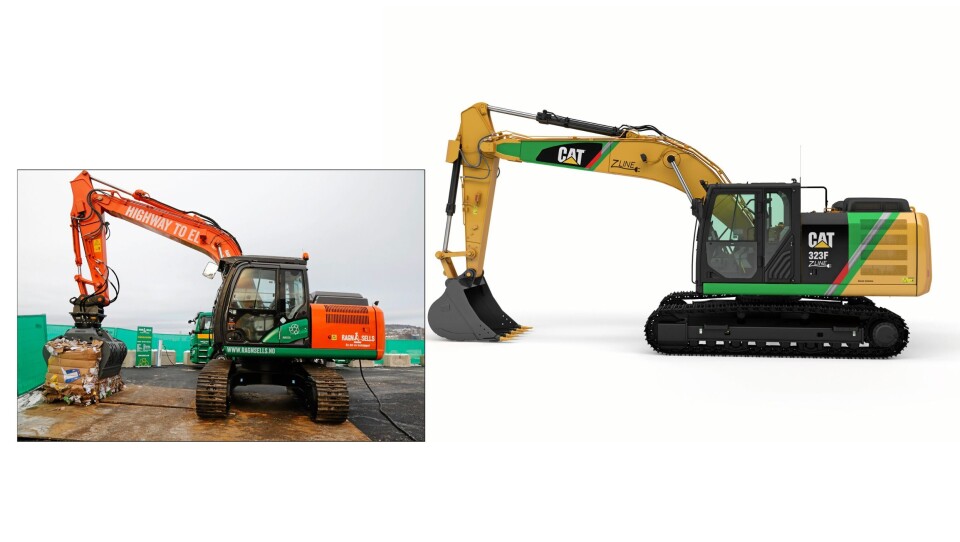 Nasta har produsert en elektrisk drevet Hitachi-graver og Pon har produsert en elektrisk drevet Cat-graver. Norge leder an på veien mot elektriske gravemaskiner. Foto: Nasta og Pon (sammensatt av AT.no)