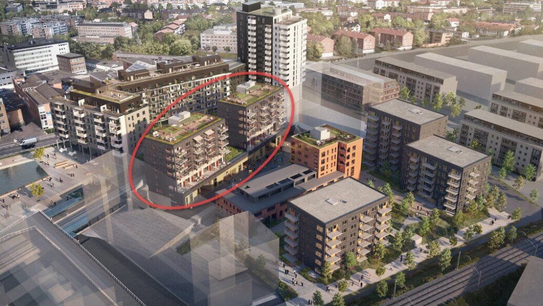 Nå starter byggingen av det tredje trinnet på Ensjø Torg (i rød sirkel). Illustrasjon: Skanska Nå starter byggingen av det tredje trinnet på Ensjø Torg (i rød sirkel). Illustrasjon: Skanska