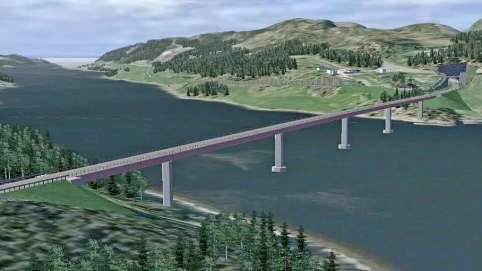 Hercules Fundamentering skal gjøre fundamenteringsarbeidene på den 578 meter lange stålkassebrua over Beitstadsundet i Trøndelag på nye Fv. 17. Illustrasjon: Statens Vegvesen