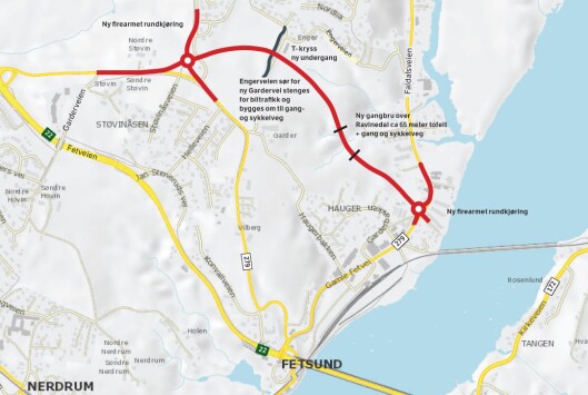 Oversikt over området det skal bygges nytt i (med rødt) i Fet kommune. Illustrasjon: Statens vegvesen Oversikt over området det skal bygges nytt i (med rødt) i Fet kommune. Illustrasjon: Statens vegvesen