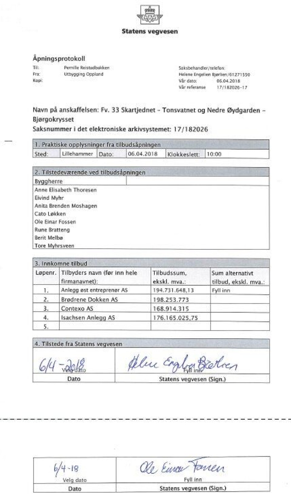 Åpningsprotokollen på Fv. 33 Skartjednet – Tonsvatnet og Nedre Øydgarden – Bjørgokrysset.
