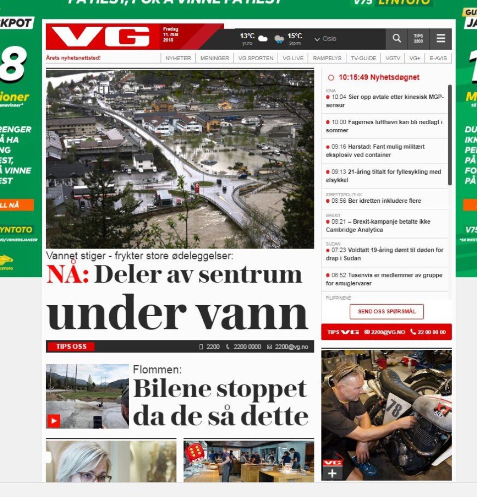 FLOM 3: Skjermbilde av VG.no 11. mai 2018.