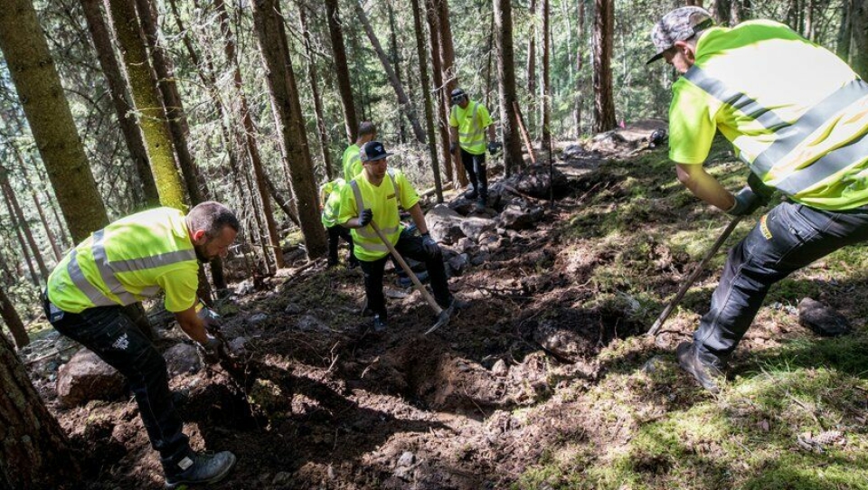 Bærekraftig er et viktig stikkord når stibyggerne er ute i skogen og bygger sykkelstier med håndkraft.
