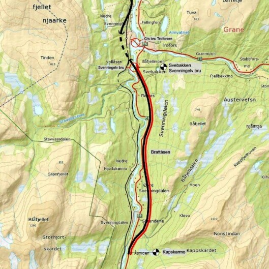 Bertensen & Garpestad AS skal bygge 12,1 kilometer ny E6 i Grane kommune. Strekningen er merket i rødt i dette kartet. Bertensen & Garpestad AS skal bygge 12,1 kilometer ny E6 i Grane kommune. Strekningen er merket i rødt i dette kartet.
