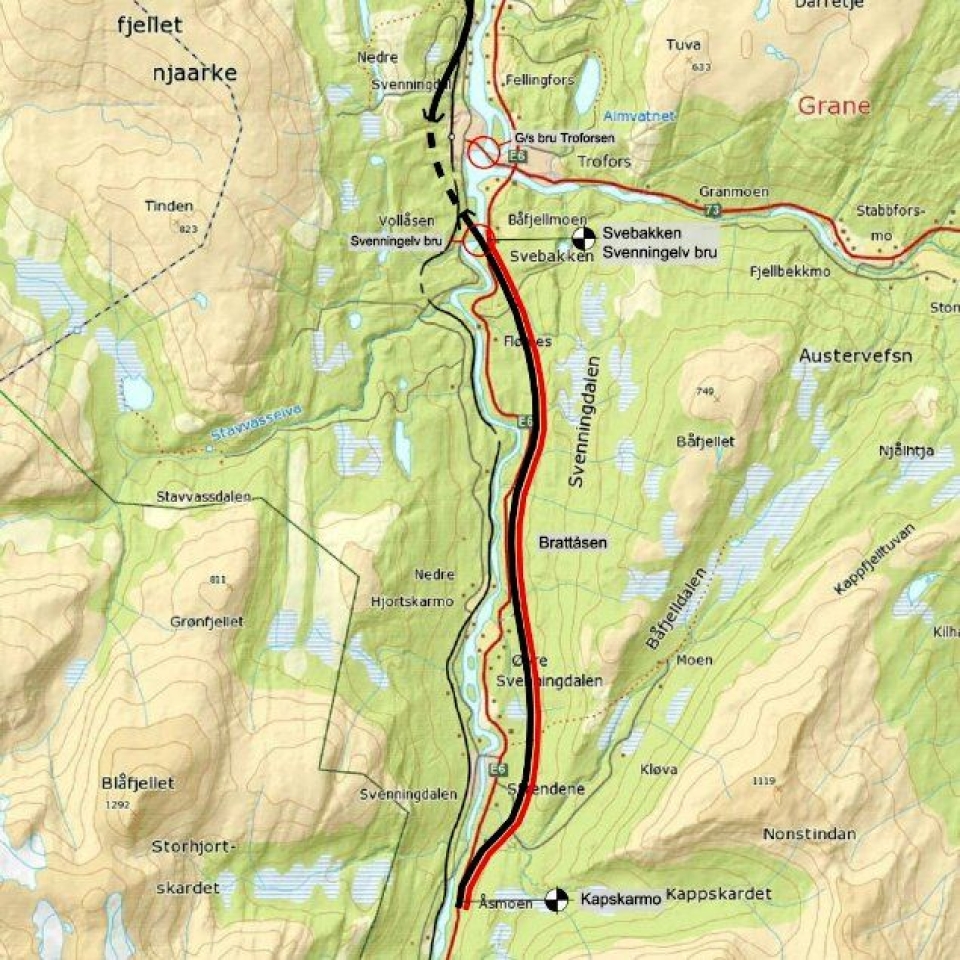 Bertensen & Garpestad AS skal bygge 12,1 kilometer ny E6 i Grane kommune. Strekningen er merket i rødt i dette kartet.