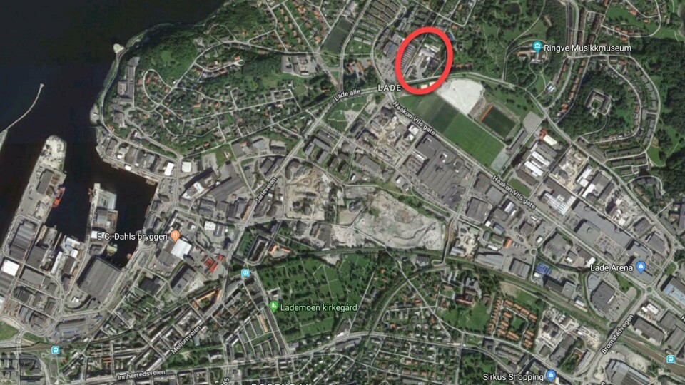 Lade Gartneri - en 15 mål stor tomt på Lade i Trondheim (merket med rød ring).