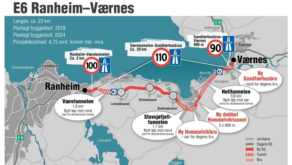 Hele strekningen mellom Ranheim og Vernæs skal stå ferdig i 2024/2025.