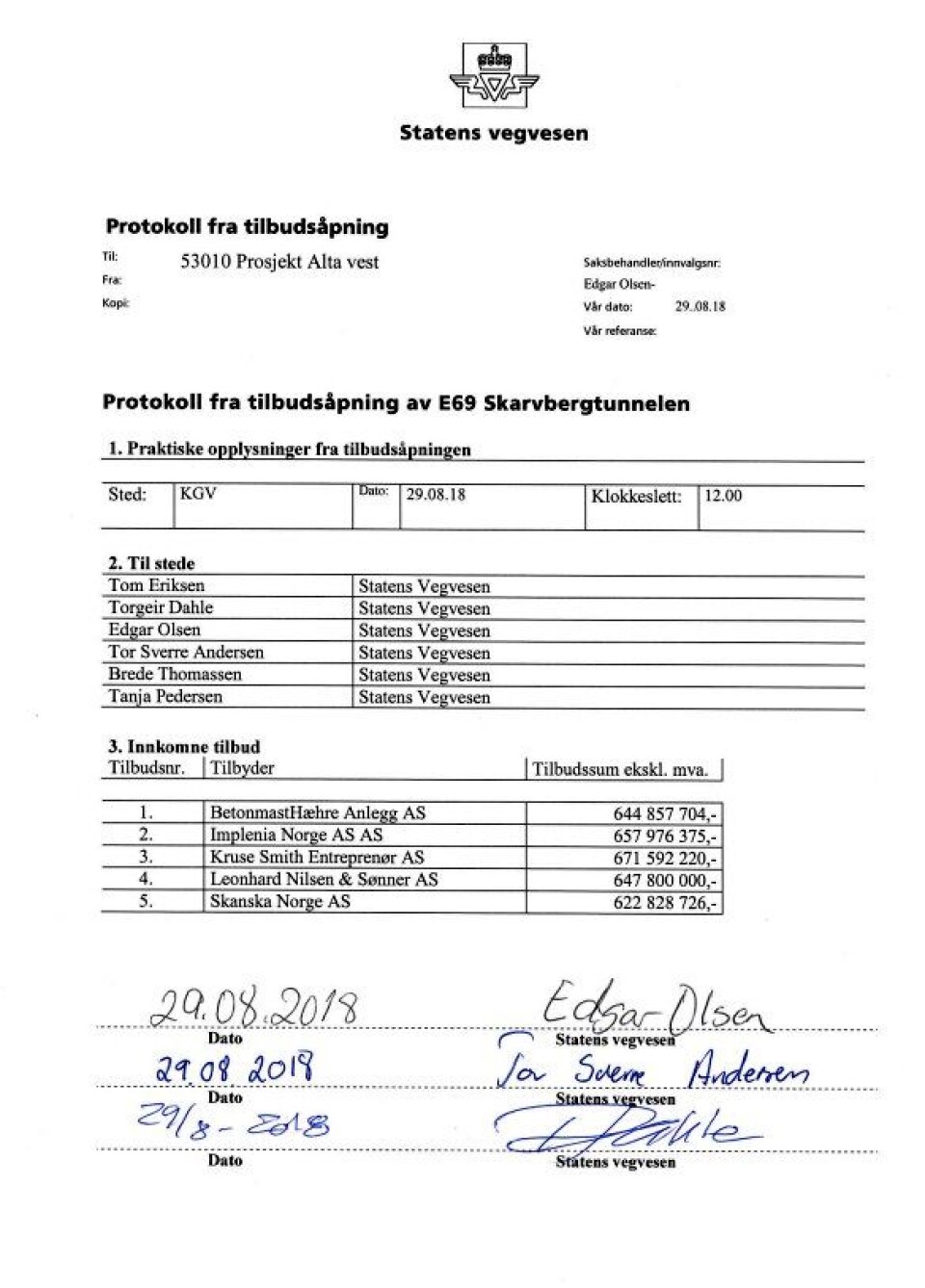 Protokollen fra tilbudsåpningen.