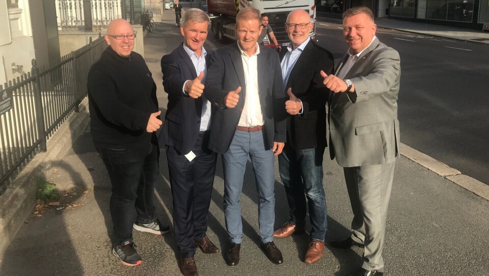 Jo Eirik Frøise, Prosjektleder for konferansen Transport & Logistikk 2019, Trond Andersen prosjektleder messe, Norges Varemesse, , Are Kjensli, administrerende direktør i NHO Logistikk & Transport, styreleder Hans Otto Vestli, Påbyggergruppen i Norsk Industri og Geir A. Mo administrerende direktør i Norges Lastebileier-Forbund.