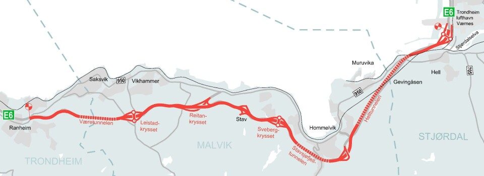 Strekningen det ble skrevet kontrakt på, E6 Ranheim-Værnes med tre tunneler.