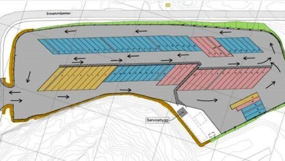 Plantegning av den nye døgnhvileplassen i Svinesundparken, med 77 oppstillingsplasser.