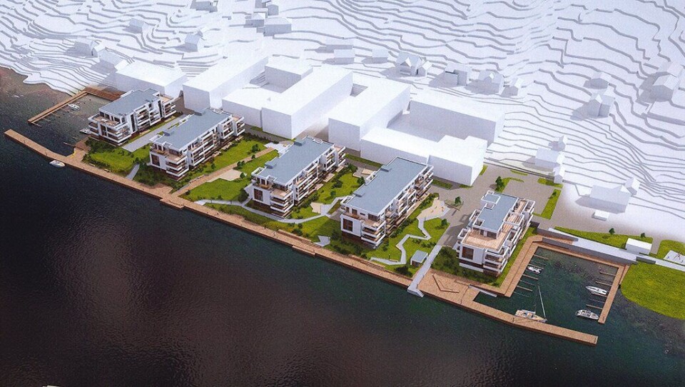 Blokk 4 og 5 (til venstre i bildet) består av 42 leiligheter med beliggenhet ved vannkanten.