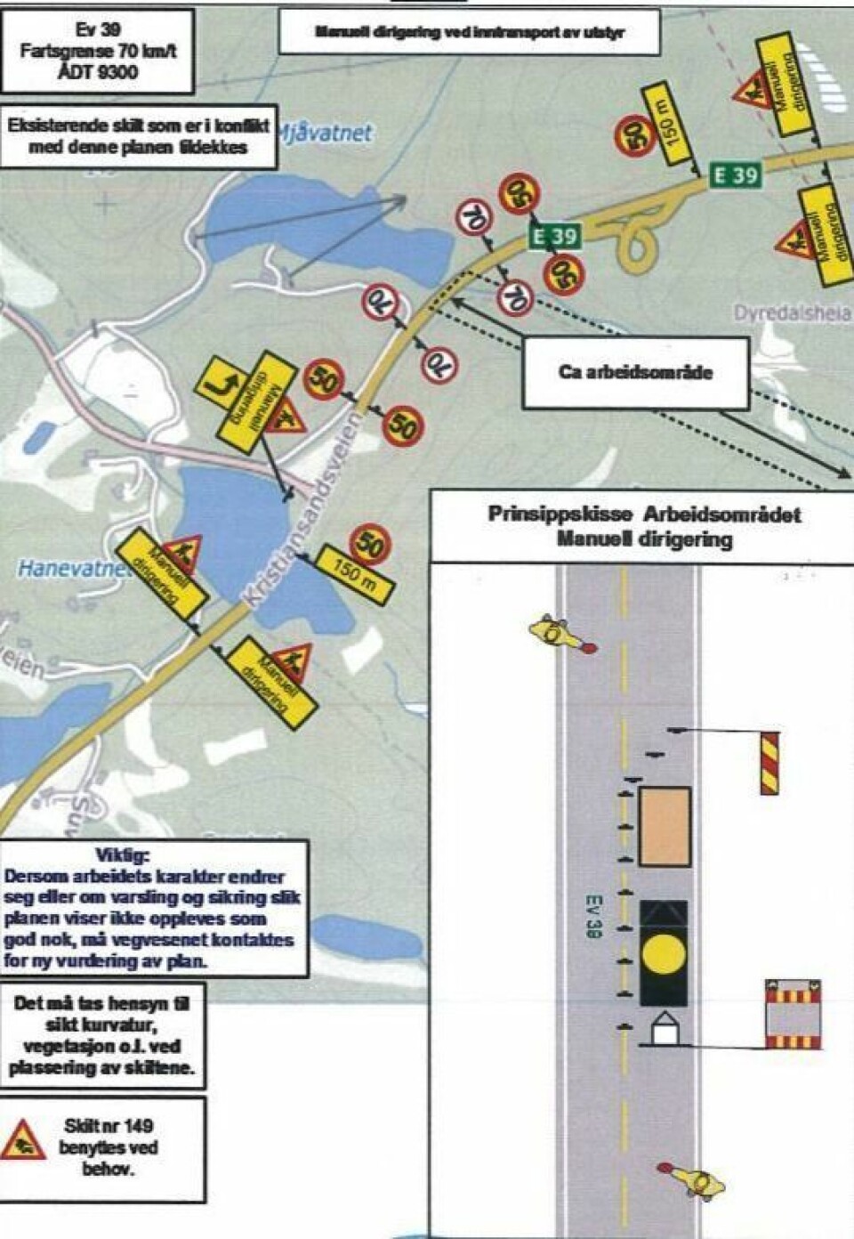 Slik ser skiltplanen ut for området ved Døle bru/Mjåvatn, hvor anleggsarbeidene med ny E39 starter.