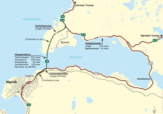 Brua gjør E6 18 km kortere mellom Narvik og Bjerkvik. Brua gjør E6 18 km kortere mellom Narvik og Bjerkvik.