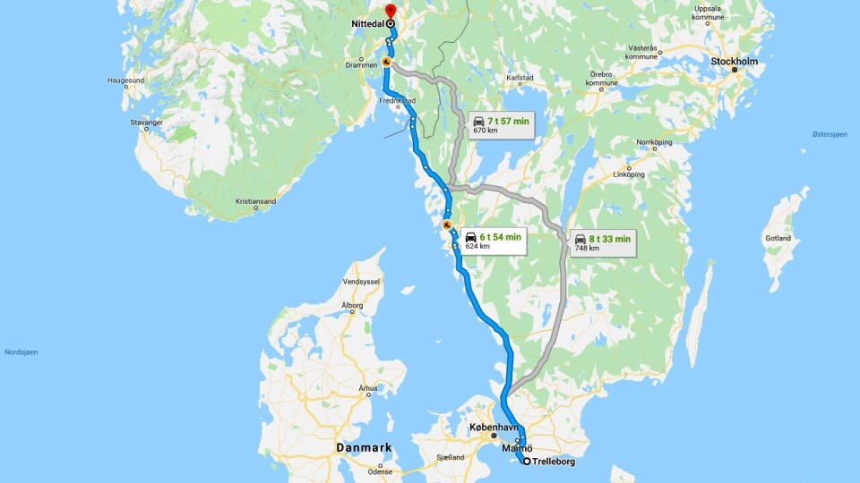 Den vanligste hovedveien mellom Trelleborg og Nittedal markert med blått. Strekningen er på over 60 mil. Føreren av et tyrkisk vogntog manglet 30 mil på fartsskriveren da han ble stoppet av Vegvesenet i desember 2018 i Nittedal.