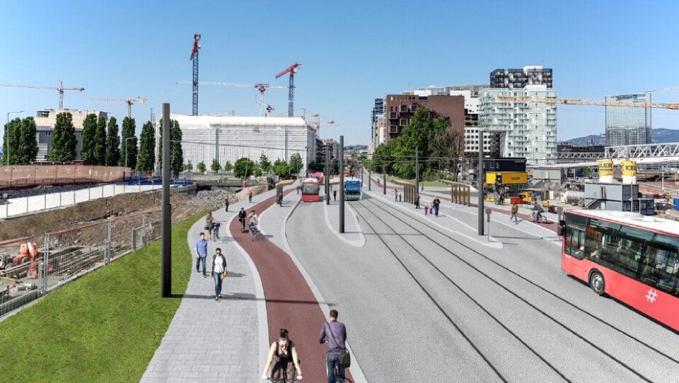 Nye Bispegata i Oslo skal bli kollektivgate med trikkespor, og med sykkelfelt bak holdeplassene.
