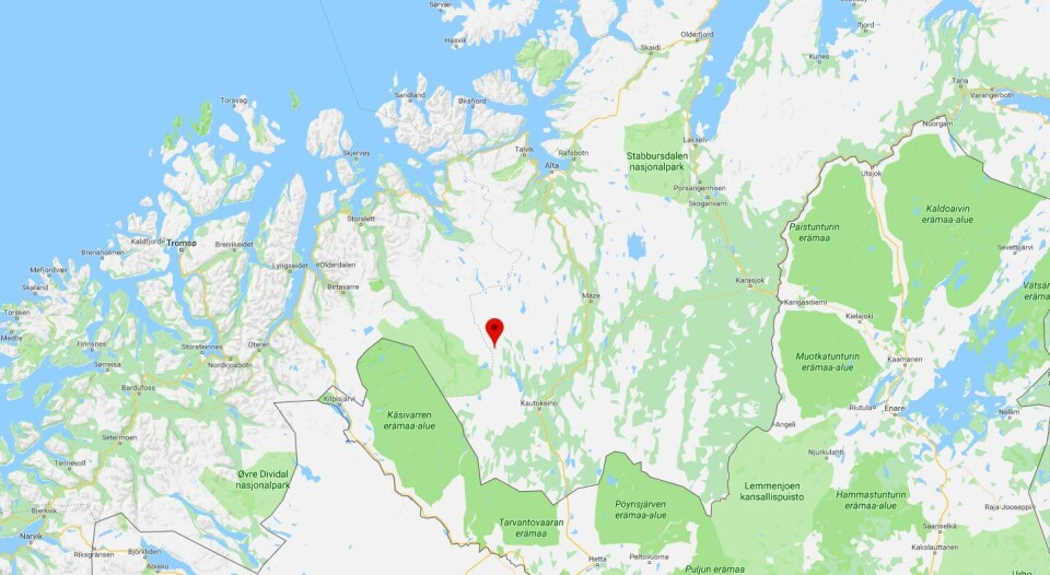 Bidjovagge (merket med rødt) ligger nordvest i Kautokeino kommune i Finnmark, ved grensen til Troms.