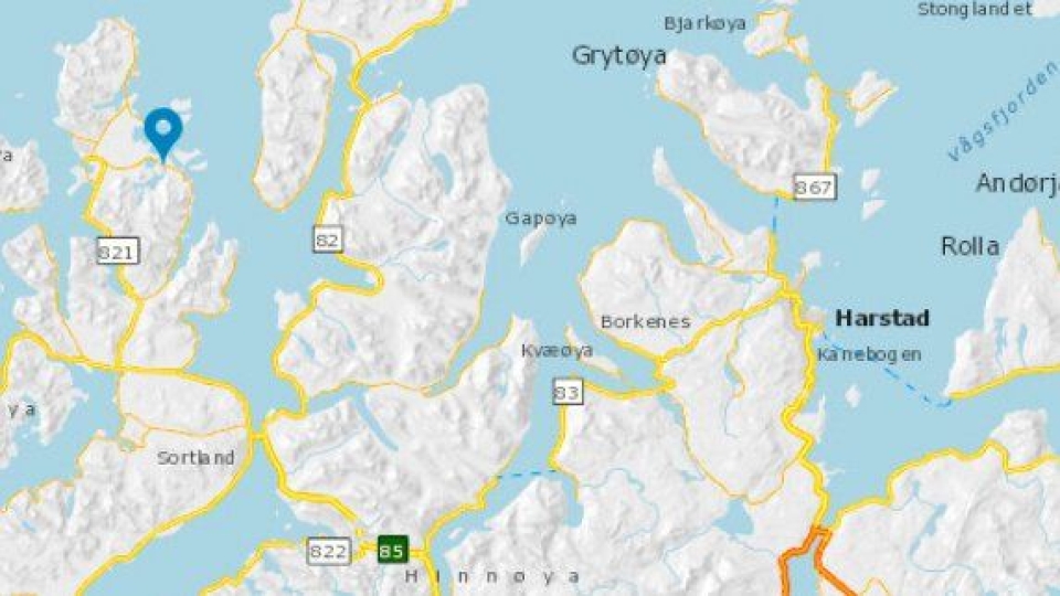 Her ligger fv. 939 Storelva bru (merket med blått).