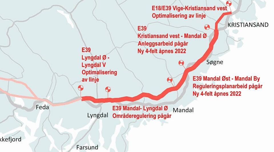 HØY AKTIVITET: Nye Veiers E39-prosjekt fra Kristiansand til Ålgård er delt inn i flere entrepriser. Nå legges det opp til fremskyndet byggestart på flere av delprosjektene.