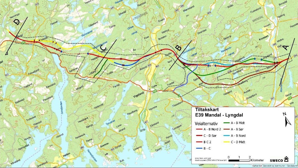 Illustrasjonen viser planområdet oppdatert med veialternativ A-B Nord 2 og B-C 2.