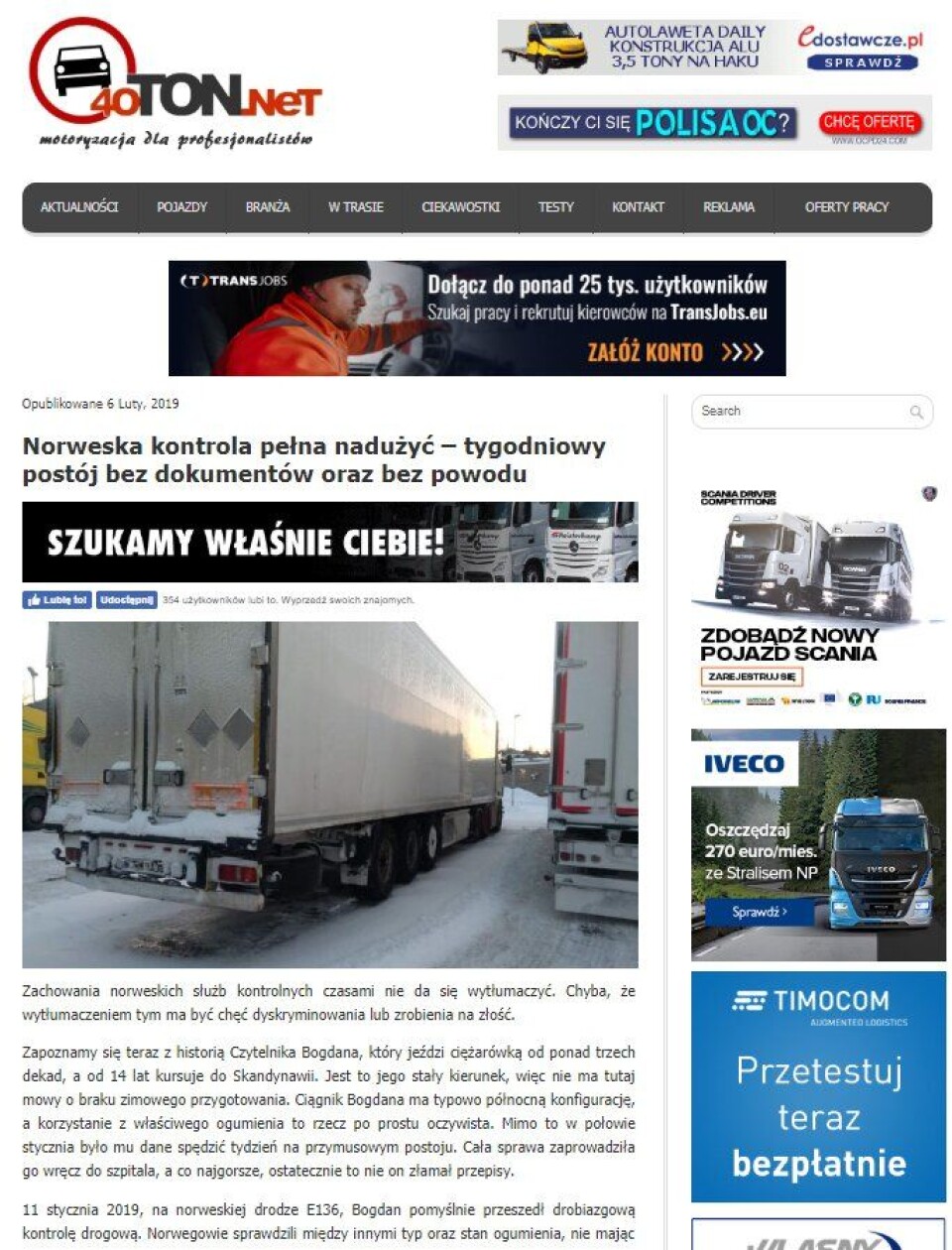 Skjermbilde (faksimile) av artikkelen fra 40ton.net