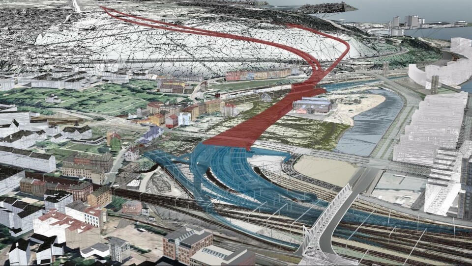 Oversiktsbilde av innføringen av Follobanen til Oslo S.Mandag 11. februar ble det avdekket en skade i støttekonstruksjonen på Follobane-prosjektets byggeggrop ved Bispegata i Oslo.