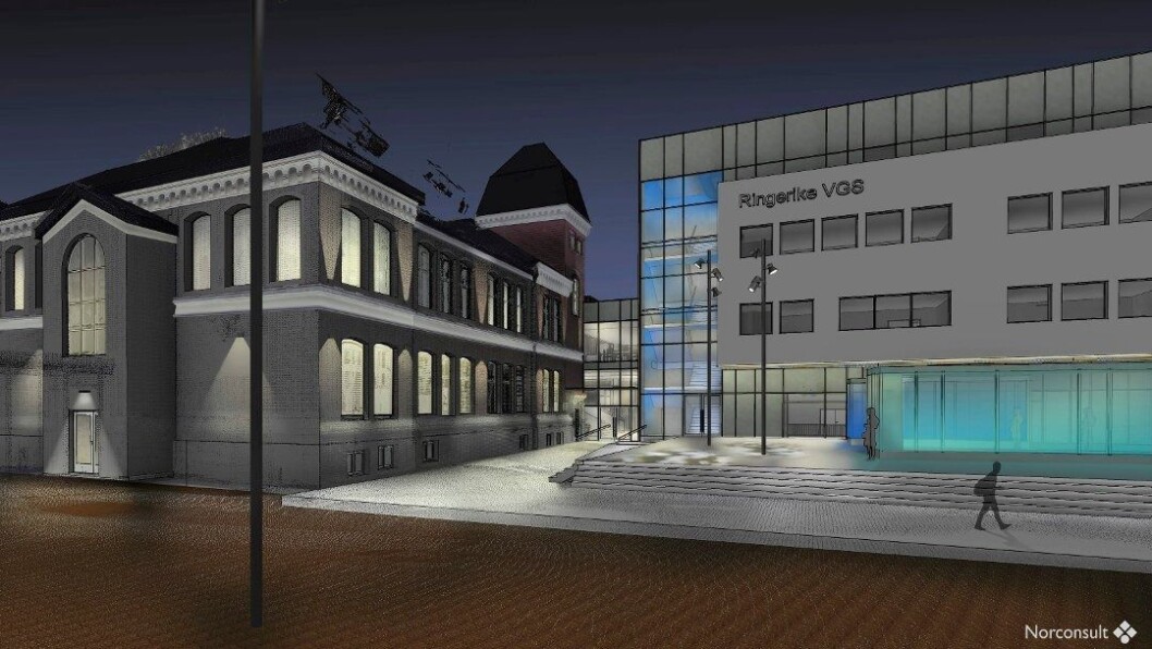 Det nye bygget kommer der dagens gymsal ligger og vil ligge nærmest Kongens gate. De to byggene vil henge sammen med en glassgang. Det nye bygget kommer der dagens gymsal ligger og vil ligge nærmest Kongens gate. De to byggene vil henge sammen med en glassgang.