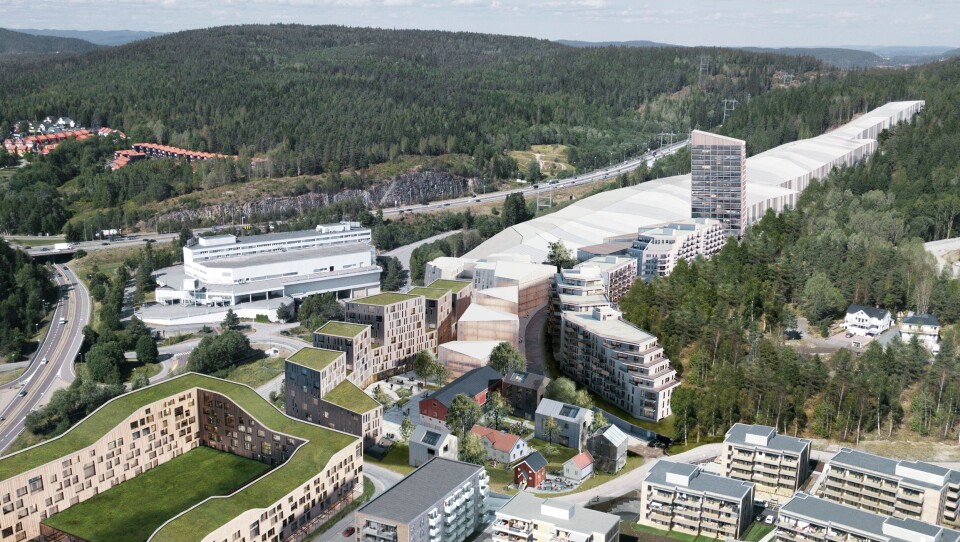 Illustrasjon av den nye bydelen Snøporten på Lørenskog. Det nye Thon-hotellet skal bygges inntil innendørsarenaen Snø.