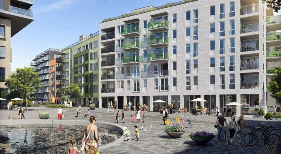 «Fiolen» er tredje byggetrinn med 116 leiligheter, næringslokaler og parkeringsanlegg på Vollebekk i Oslo øst.