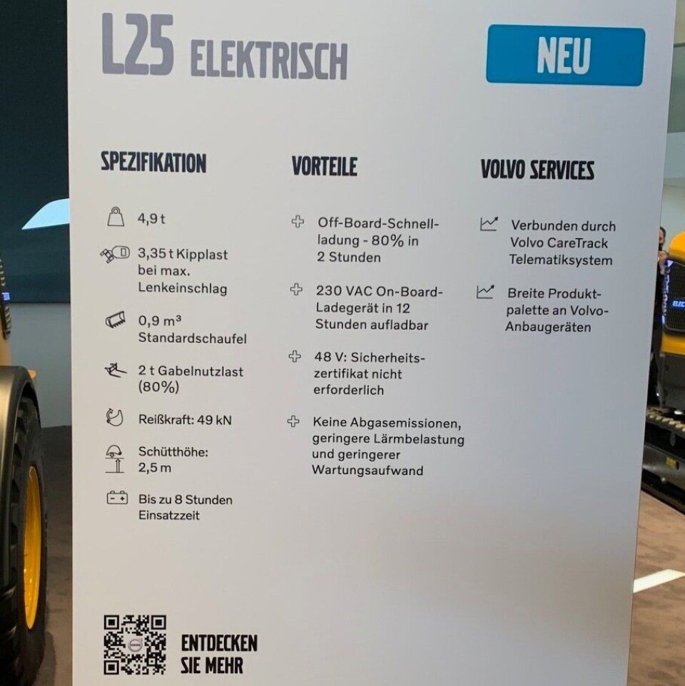 Tekniske fakta om nye Volvo L25 Elektrisk (på tysk).