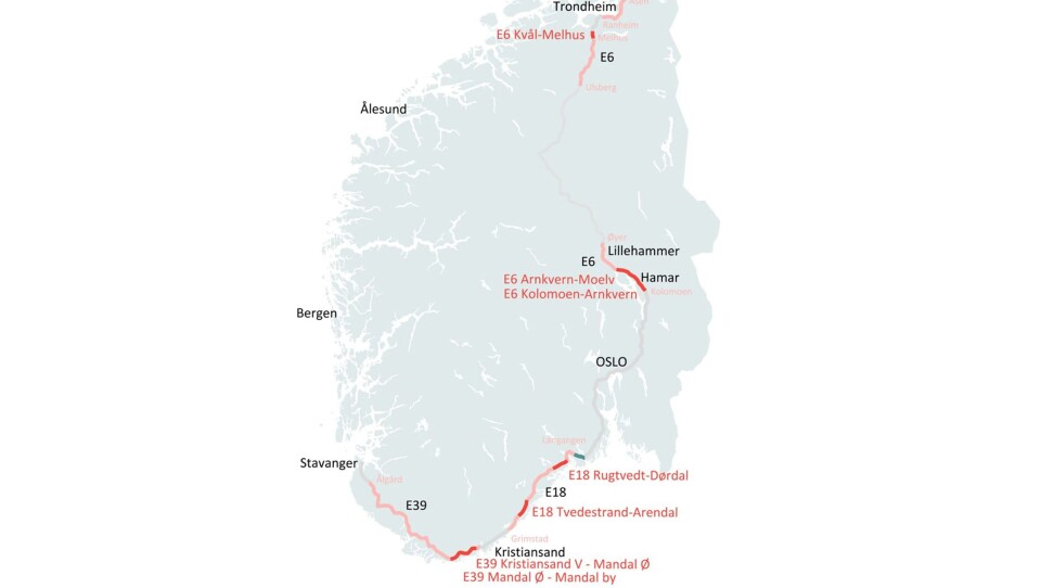 Følgende strekninger vil inngå i kontrakten (merket med mørkerød markering)