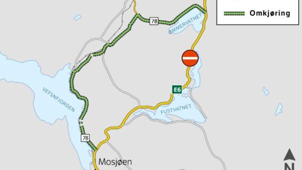 E6 nord for Mosjøen er stengt mellom Gofahaugen og Strauman fra mandag 6. mai til 20. juni. Omkjøring er skiltet langs fylkesvei 78.