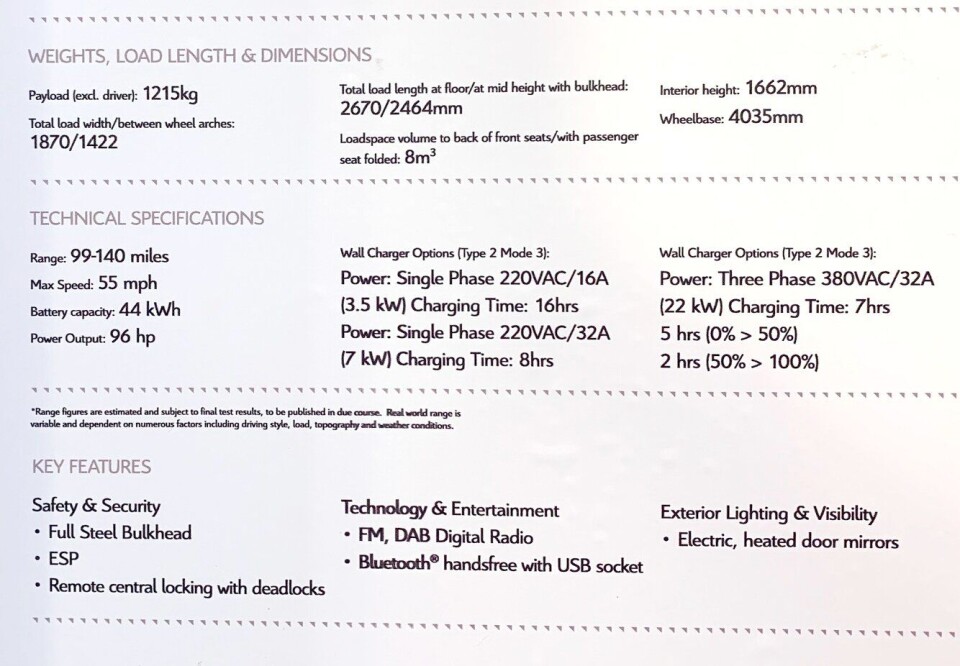 Spesifikasjonene for tvillingbilene Peugeot Boxer Electric og Citroën Jumper Electric.