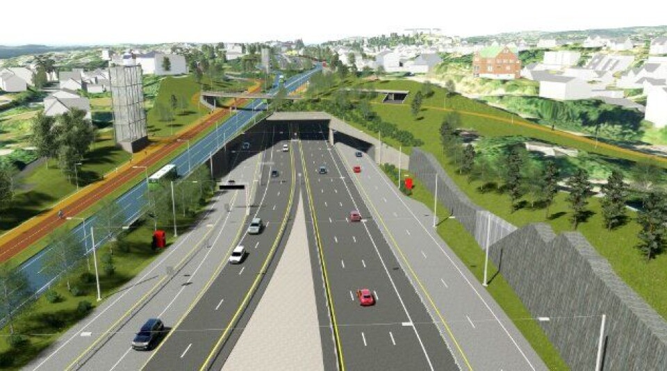 Illustrasjon fra strekningen E18 Lysaker- Ramstadsletta, hovedfartåren vestover fra Oslo.