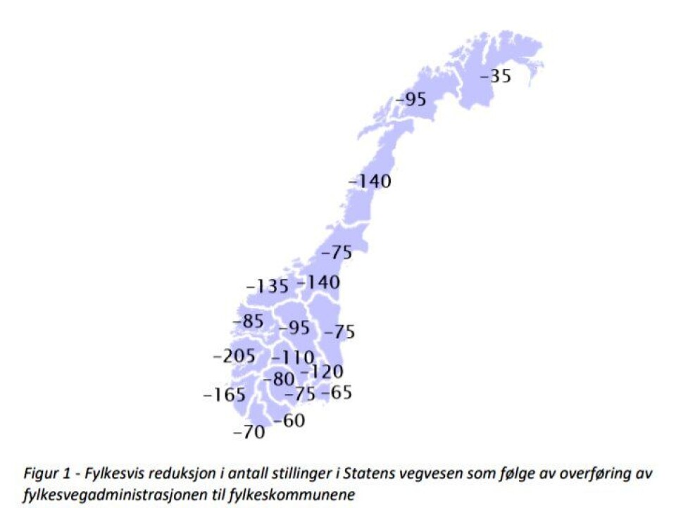 Reduksjon ansatte i Statens vegvesen per fylke illustrasjon SVV