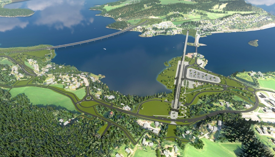 Slik er planene for Sundvollen dersom det blir etablert liten utfylliing. Ny E16 til venstre i illustrasjonen, og Ringeriksbanen til høyre.