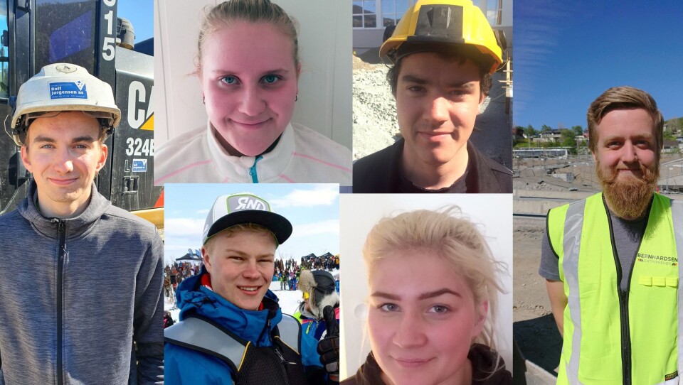 Disse lærlingene skal kjempe om å bli nordnorsk mester i anleggsmaskinførerfaget: ØivindKaroliussen (t.v.), Sunniva Kostamo (oppe t.v.), Karl Morten Elvebo Karlsen (oppe t.h.), Martin Øyen (nede t.v.), Silje M. Pedersen (nede t.h.) og Sander Storjord (t.h.).