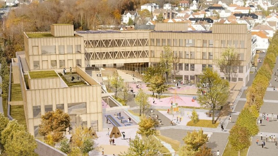 Illustrasjon av Os skole og idrettshall.