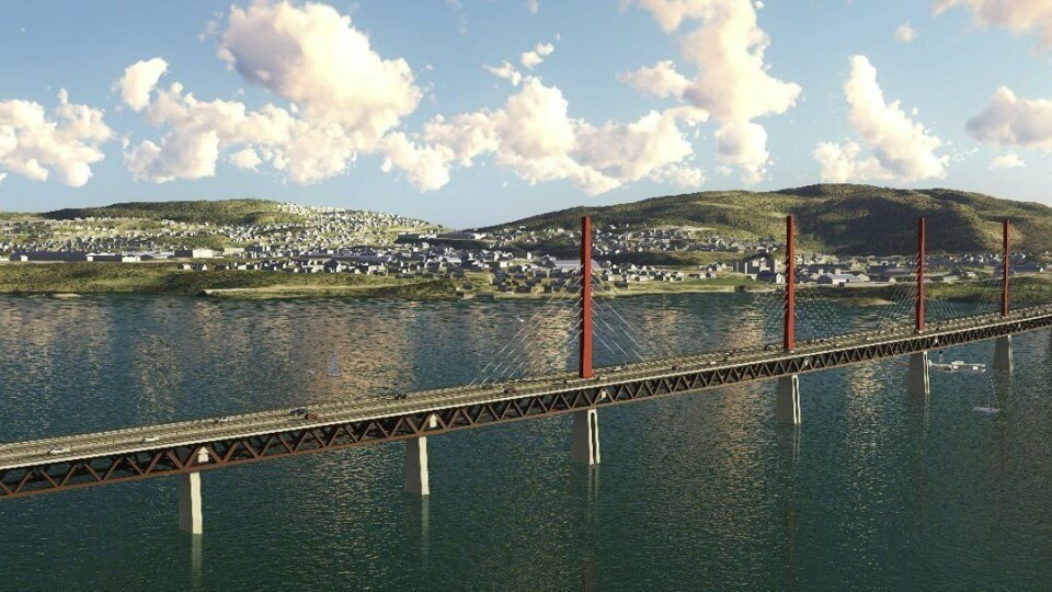 Sett sørfra vil ei mjøsbru i tre kunne komme til å se slik ut.