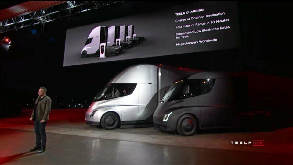 Tesla-sjef Elon Musk viste første gang den kommende Tesla Semi på et arrangement i 2017.