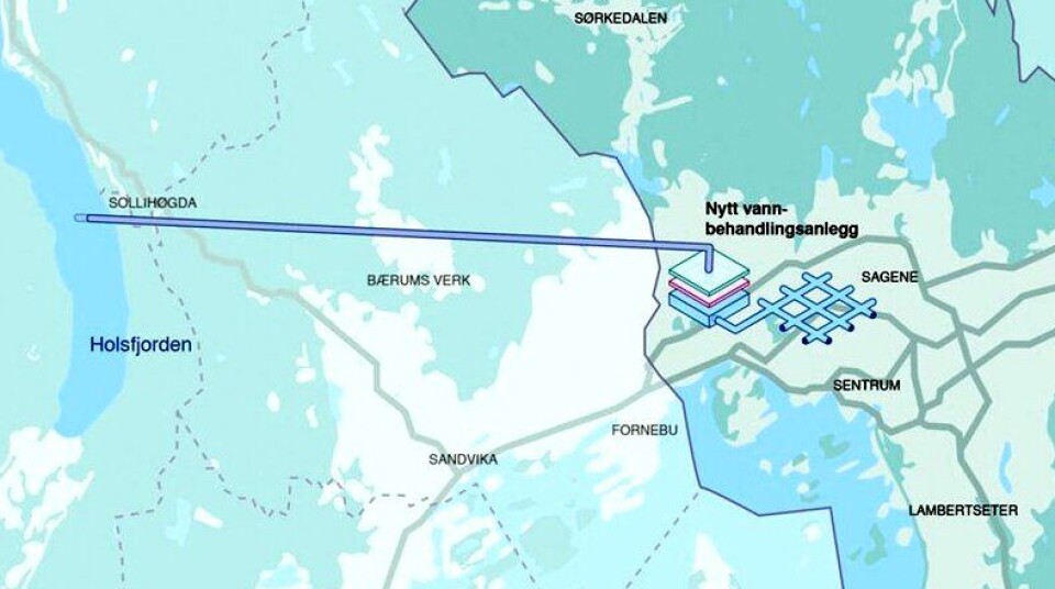 I prosjektet Ny vannforsyning Oslo skal det bygges kjørbar tunnel for vannrør fra Holsfjorden i Lier til Huseby i Oslo. Det skal også bygges vannbehandlingsanlegg i fjellhaller på Huseby og tunnel fra Huseby som skal kobles inn på eksisterende vannforsyningsnett i Oslo. Det er sistnevnte haller og tunneler som nå er lyst ut som en entreprise. Kartillustrasjon: Vann- og avløpsetaten i Oslo