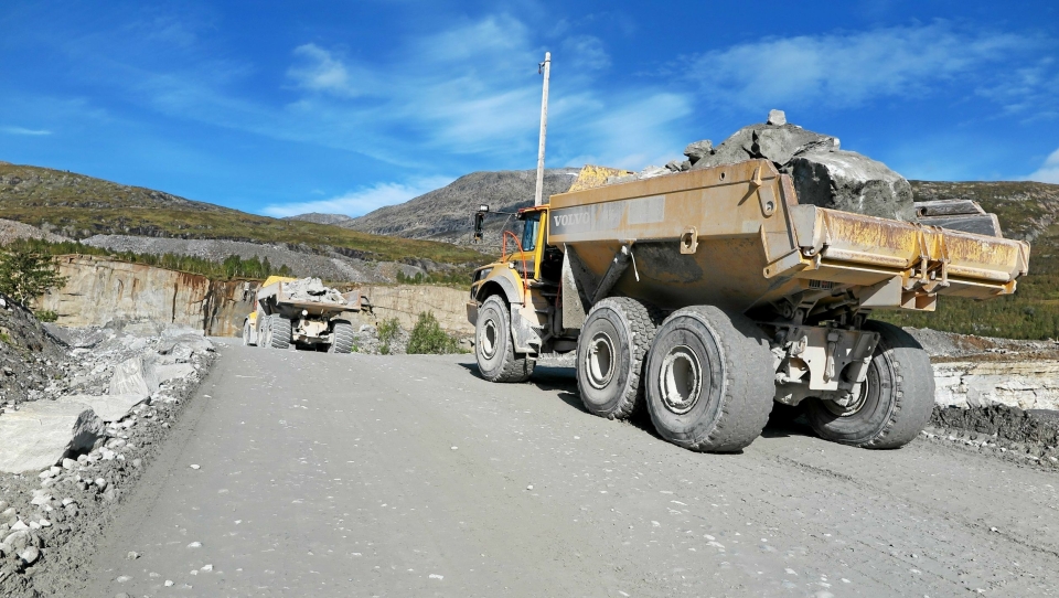 Rana Gruber AS. Bilde fra testing av Volvo A60 dumpere i gruva, september 2018.
