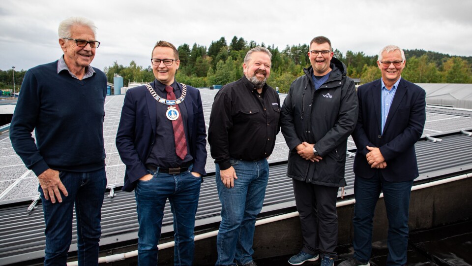 Fra venstre: Sverre Myrvold (Børstad-eier), Ivar Vigdenes (ordfører Stjørdal), Trond Overvik (prosjektleder Børstads Transport), Håvard Lutdal (prosjektleder NTE), Per Arne Aasen (daglig leder Børstad). De står foran panelene på et av takene.